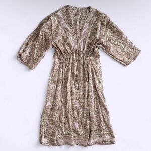 Vintage 100% Silk Dress Handmade Indonesia Brown Floral Bird Tie Front